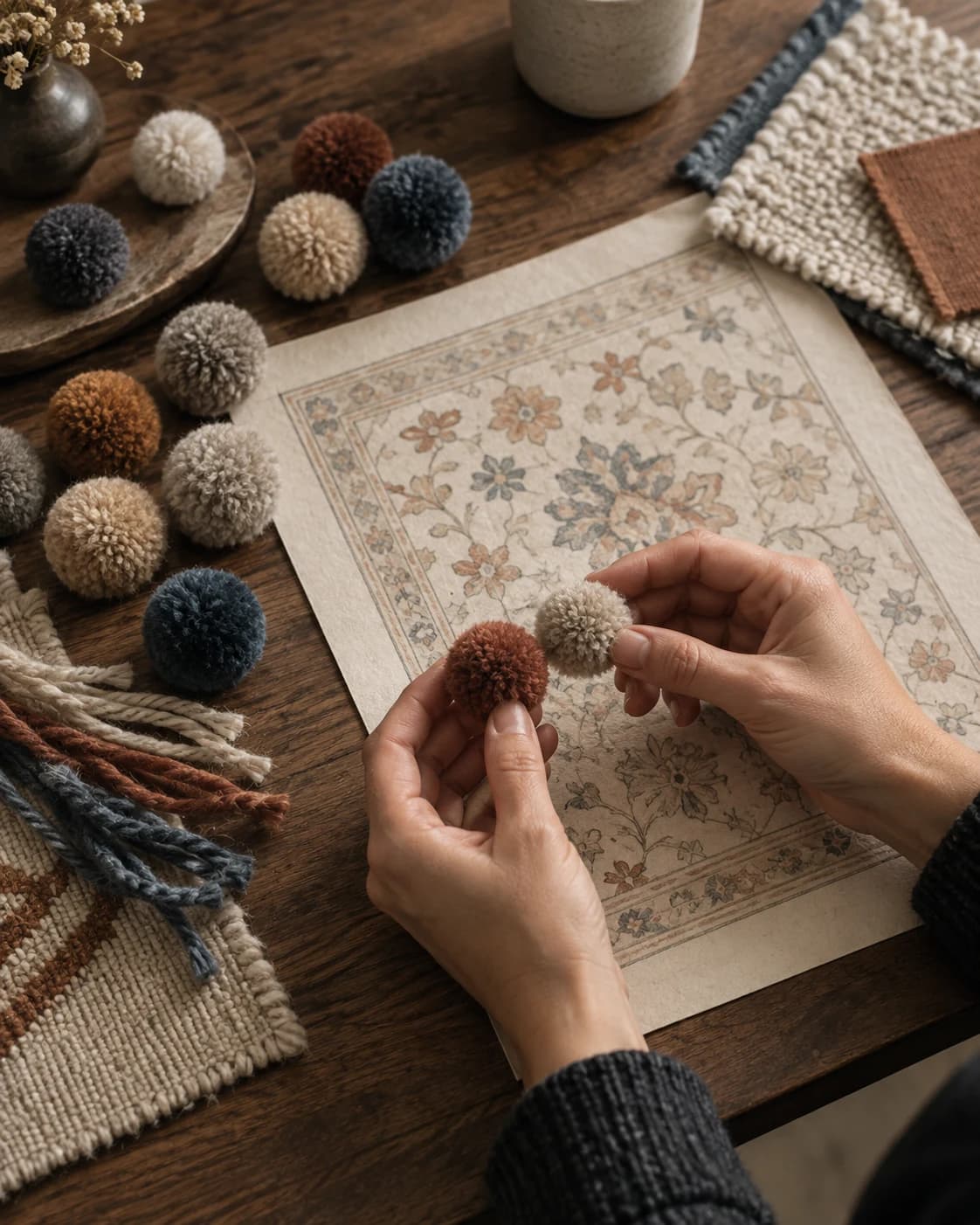 Hands comparing wool pom samples during the custom rug design process