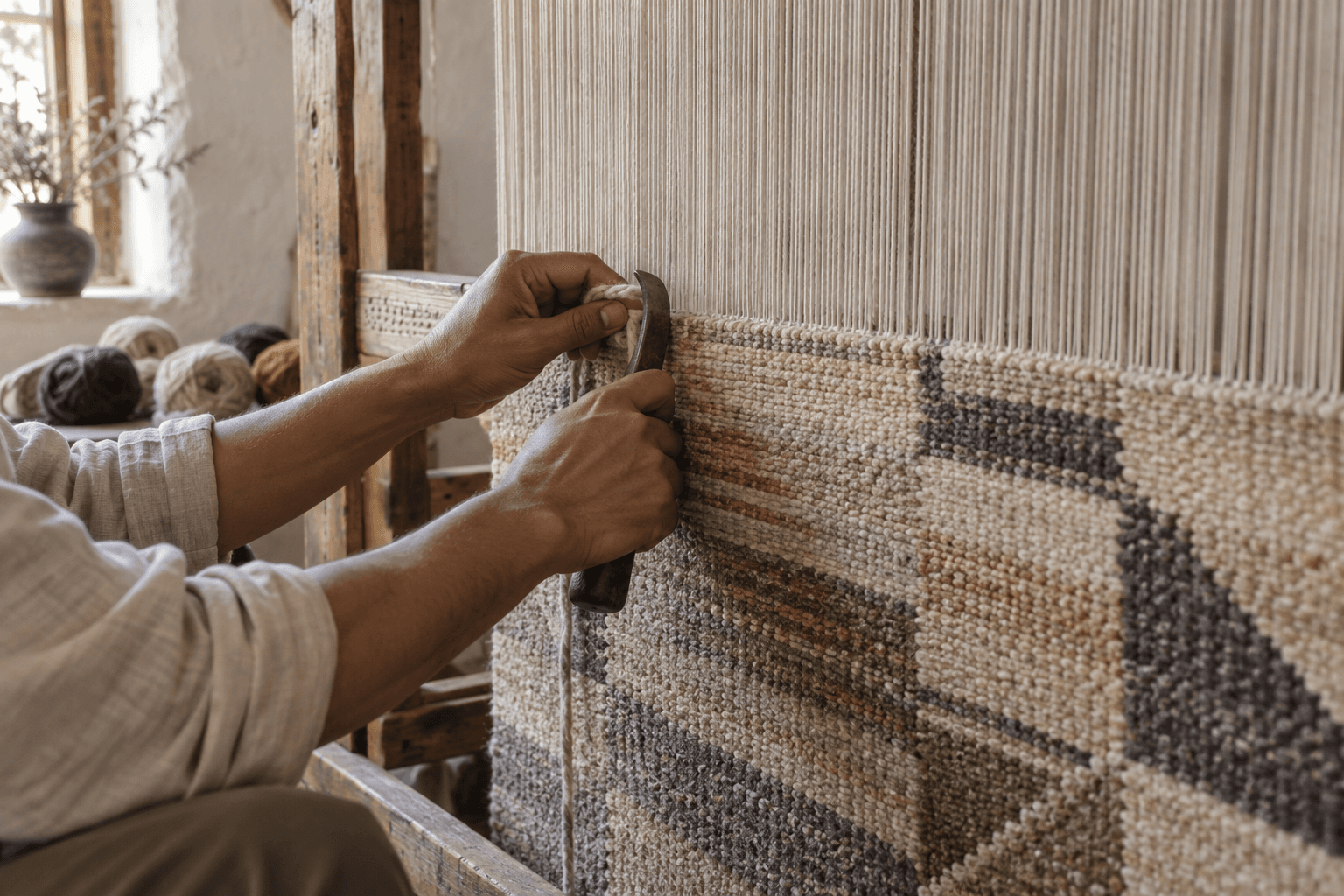 Artisan hand-finishing a woven rug at the loom