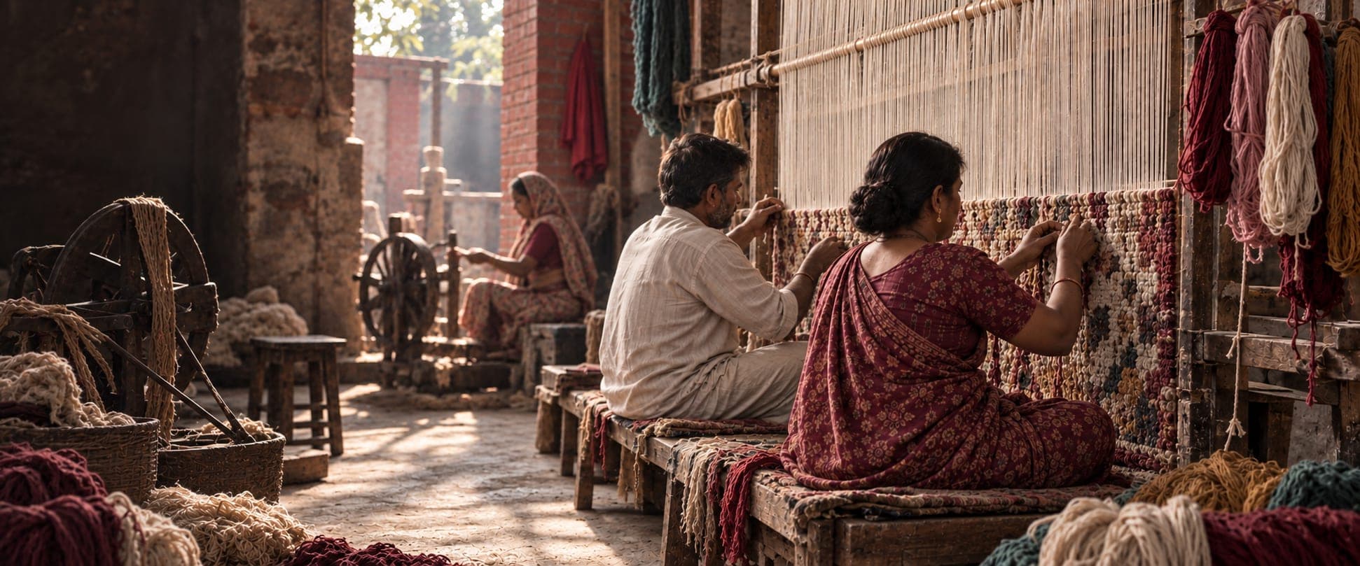 An artisan workshop where Woven Stories rugs are made by hand